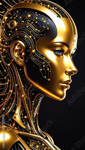 a woman ' s face with a golden circuit on it