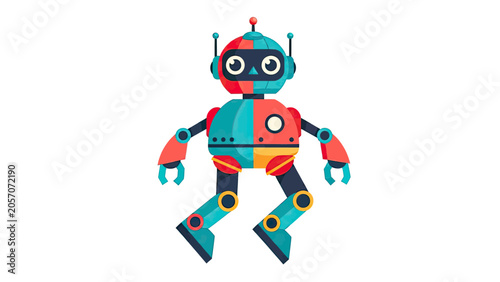 Photos Cute cartoon robot in red, turquoise, and yellow, with segmented body and limbs