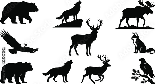 Φωτογραφία Set of forest wildlife silhouettes including grizzly bear wolf deer moose eagle