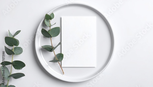 blank paper on plate with eucalyptus leaves
