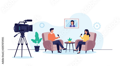 Professional television studio setting with a man and woman sitting in armchairs and being interviewed for a talk show.