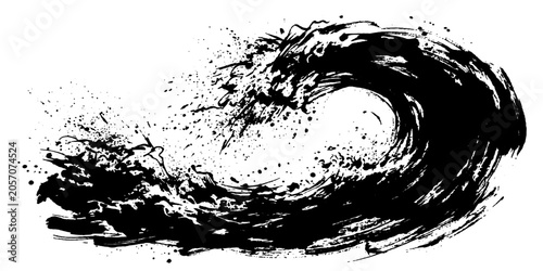 Obraz na płótnie A dramatic black ink brush stroke captures the powerful, dynamic motion of a crashing ocean wave, symbolizing nature's raw energy and artistic expression