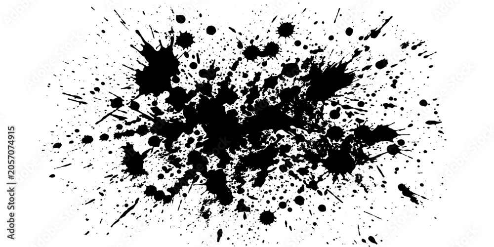 Fototapeta premium Abstract black ink splatter on white paper, chaotic and dynamic splatters creating an artistic and grunge effect.