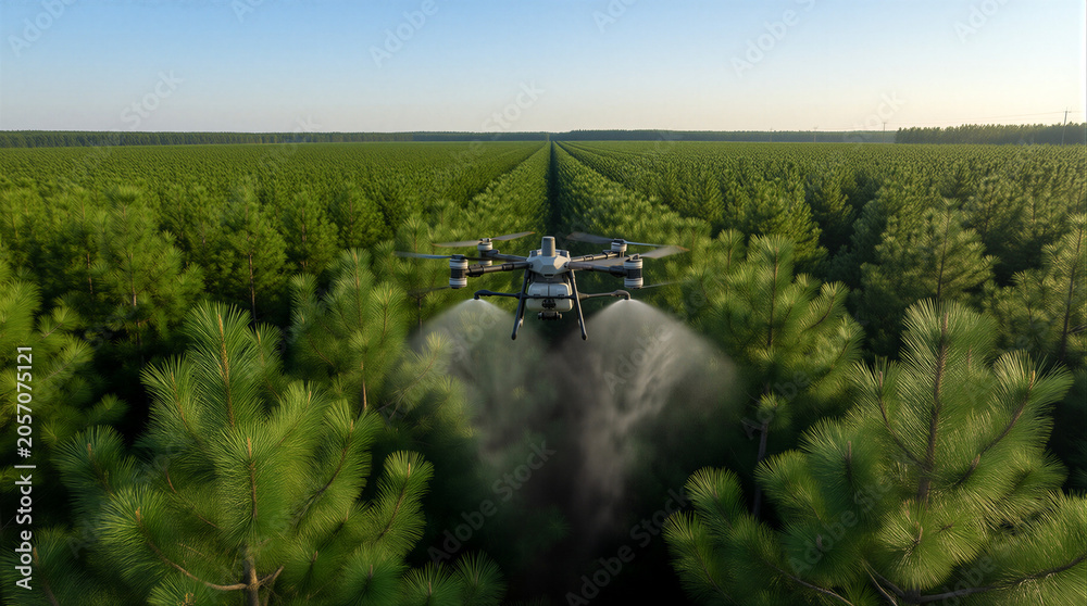 Fototapeta premium agriculture drone spraying in pine forest