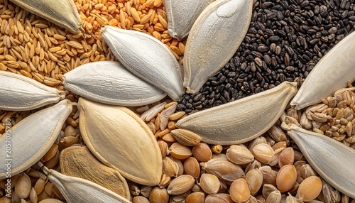 A close-up arrangement of various seeds and grains in a circular pattern