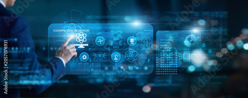 Tech engineer touch virtual screen Computer Science. Applying algorithmic theory and advanced programming principles to build complex software systems and drive technological innovation.