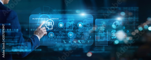 Strategy lead touch virtual screen Business Intelligence. Visualizing key performance indicators and data metrics to drive informed executive decisions and gain a competitive market edge.
