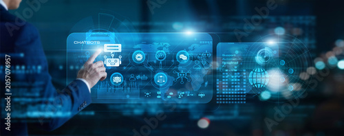 Support manager touch virtual screen Chatbots. Implementing automated conversational interfaces and virtual assistants to provide instant customer service and 24/7 technical assistance.