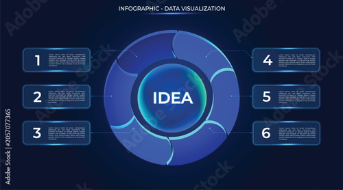 Tableau sur toile 3D pie chart in front view with six glowing slices for Big Data