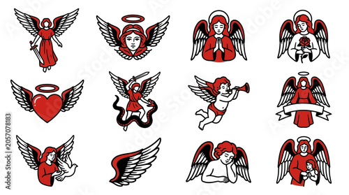 Bilde på lerret Angel and cherub icons with wings and halos.