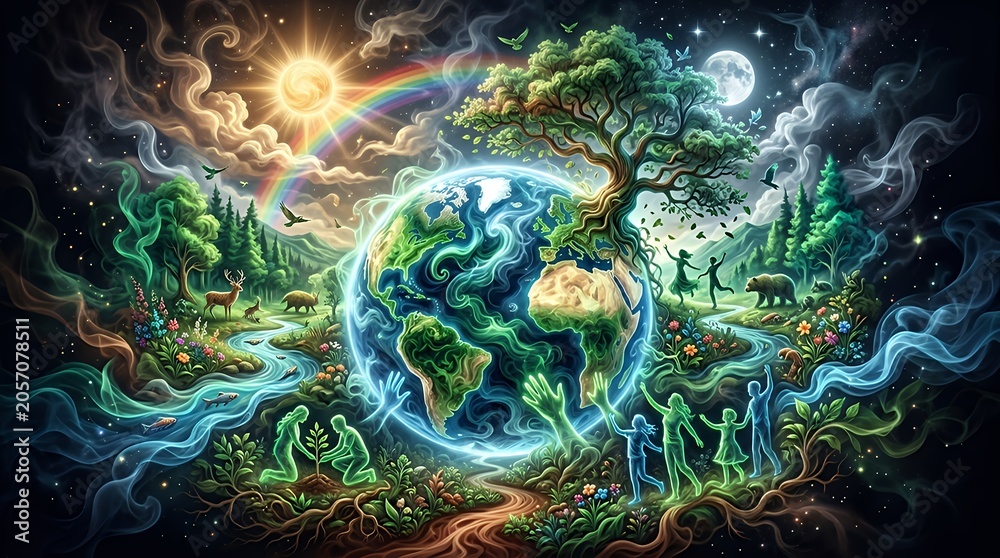 Obraz premium Earth surrounded by nature and human silhouettes
