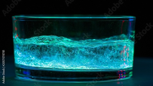 Bioluminescent Liquid Glowing in Dark Glass Bowl