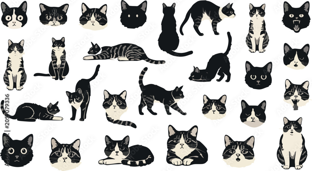 Fototapeta premium Cat Illustrations Set with Various Poses, Colors, and Patterns. Cute Feline Icons
