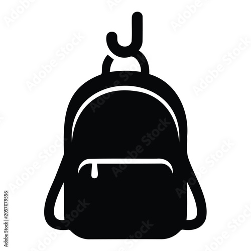 Black backpack icon hanging on a hook isolated on white background vector illustration style.