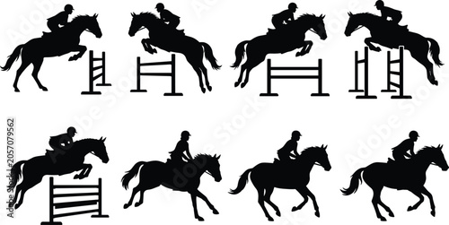 Fotografía Equestrian Show Jumping Horse and Rider Silhouette Set in Action Sequence