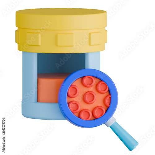 Urine Container with Red Blood Cells Under Magnifying Glass for Hematuria Urinalysis Diagnostic. 3d illustration.