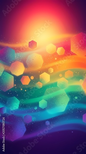 Abstract Rainbow Colors Swirls with Hexagons and Bokeh