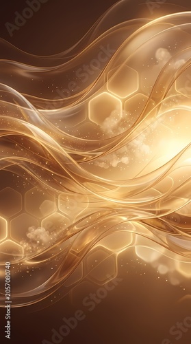 Golden Abstract Waves with Honeycomb and Sparkle Background