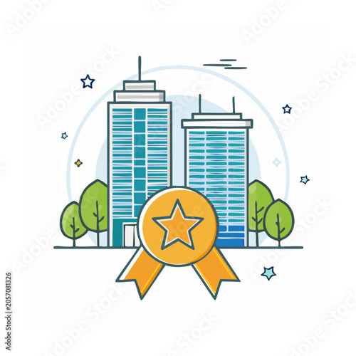 Award Ribbon with Star and City Buildings Illustration