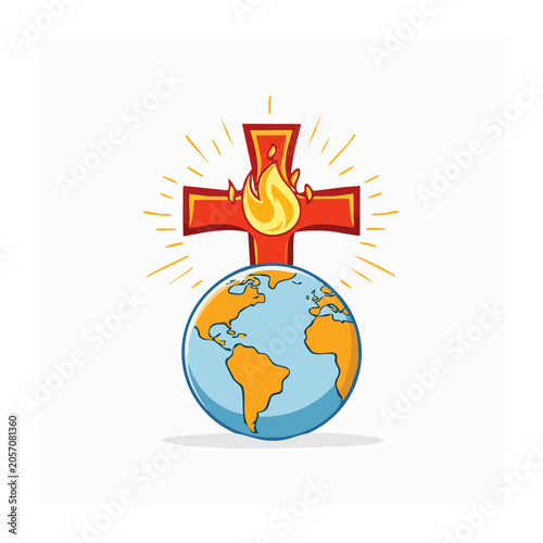 Christian Cross with Flame Over Globe
