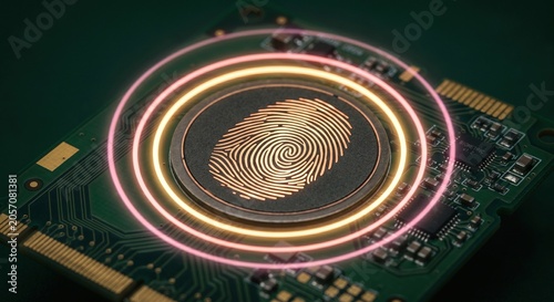 Glowing orange fingerprint biometric scan on a green computer microchip circuit board representing digital security.