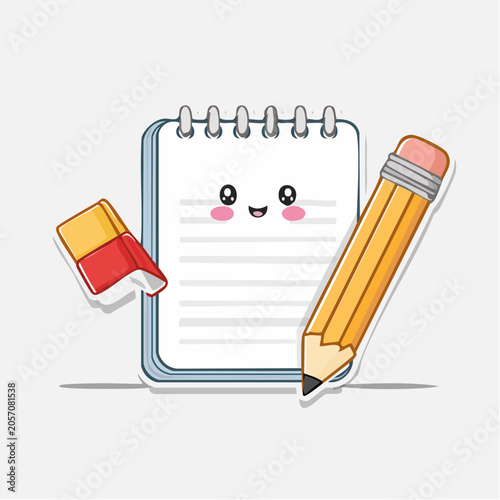 Cute Kawaii Notebook, Pencil, and Eraser Illustration