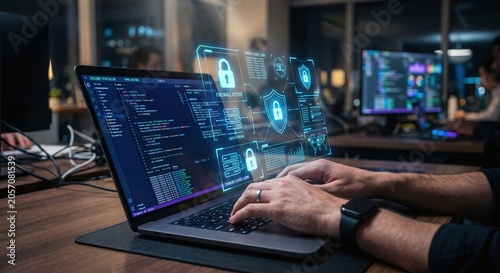 Software developer typing on a laptop with a glowing holographic cybersecurity dashboard showing active firewall status.