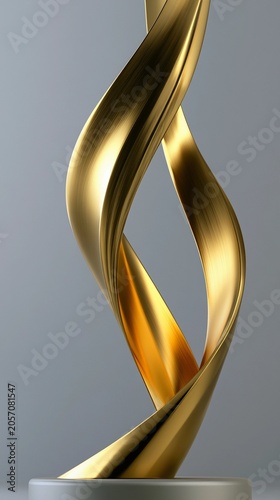 Golden, flowing sculpture twists elegantly against neutral background