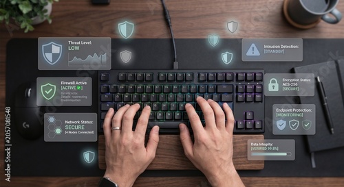 Top down view of hands typing on a mechanical keyboard surrounded by glowing holographic cybersecurity status panels.