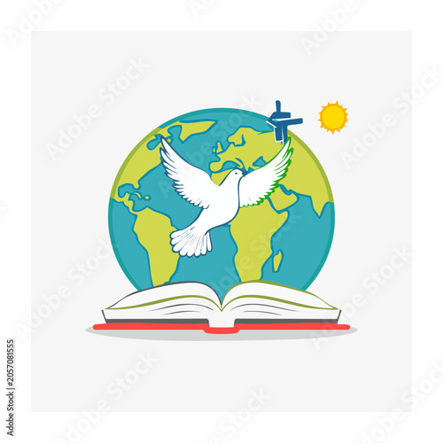Dove flying over open book and globe with sun and cross