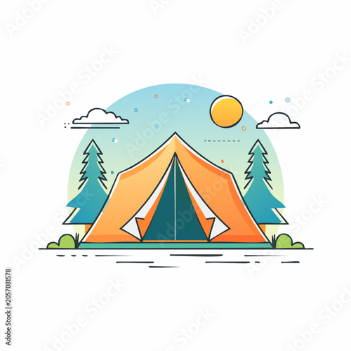 Illustration of a tent in a natural landscape with sun and clouds