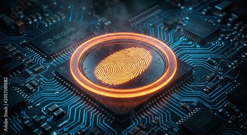 Glowing orange biometric fingerprint scanner integrated directly into a high-tech computer processor microchip.