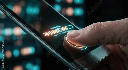 Close up of a person using their thumb to unlock a smartphone with an on-screen glowing biometric authentication scanner.