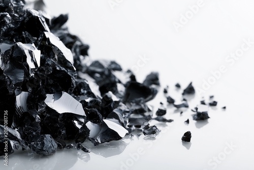 Shiny black fragments scattered on a white surface