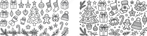 Winter holidays decoration vector linear illustrations set