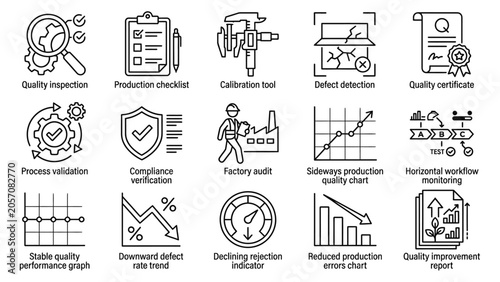 Quality control icons and business symbols.