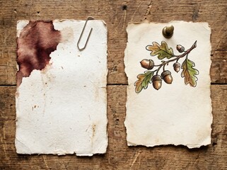Both scrap paper with a stain effect attached to a paper clip and attached with a pin to the scrap paper with an illustration have empty spaces.