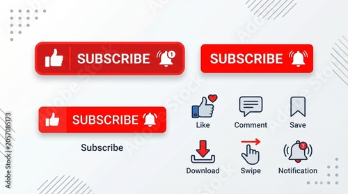 Like, subscribe, comment, download, swipe, notification, and save vector icons. YouTube subscription button with like icon and notification bell symbol, Subscribe with bell icon. Vector illustration.