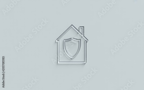 Minimalist house and shield icon on light gray background.