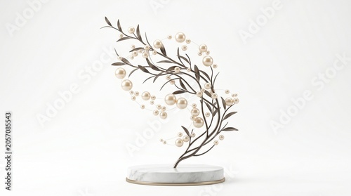 Elegant decorative branch with white pearl flowers on a luxury marble podium pedestal display