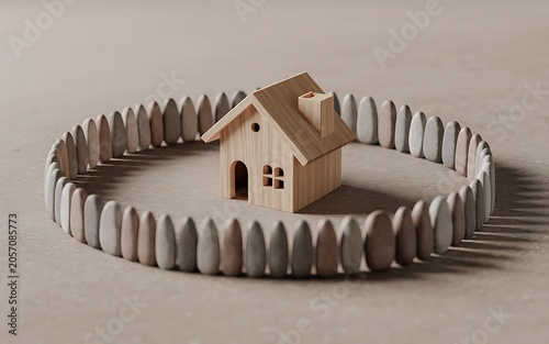 Wooden house surrounded by a circle of stones symbolizing security and stability.