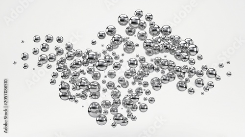 Abstract Composition of Shimmering Metallic Spheres Creating a Dynamic Flow on White Background – A Conceptual Visualization of Liquid Metal Droplets in Motion and Unity