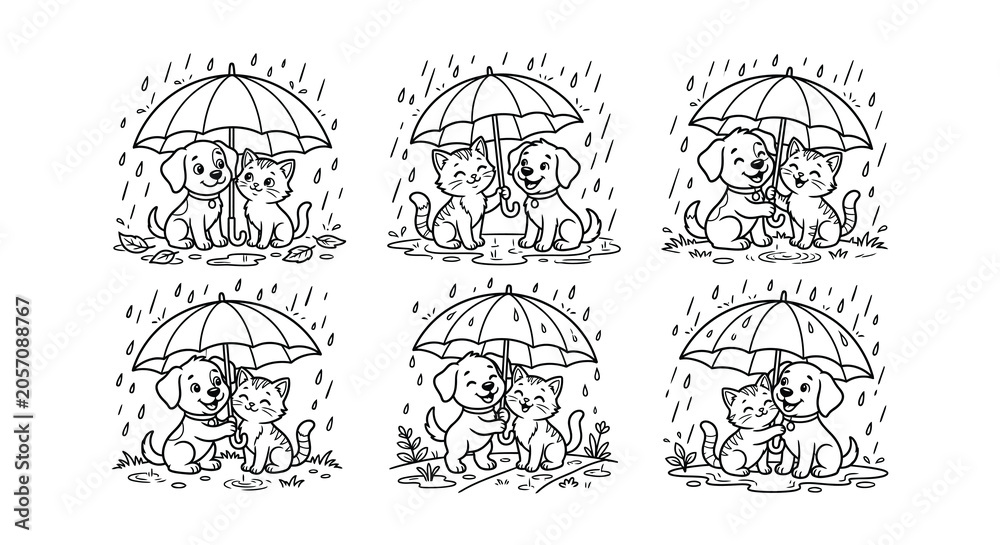 Obraz premium Dog and cat under umbrella black and white vector illustration pattern