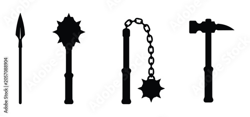 Photos Weapon types set — spear, mace, flail, war hammer icon Silhouette Vector black d