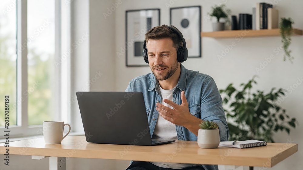 Fototapeta premium Generative AI, Caucasian man in denim shirt smiling on video call with headphones at home office