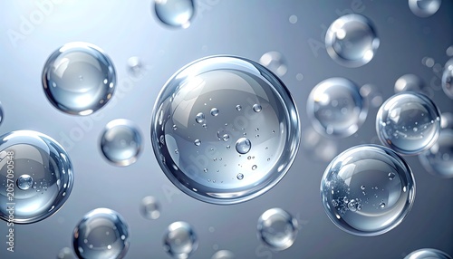 A close-up image of numerous transparent bubbles of varying sizes floating against a gradient background