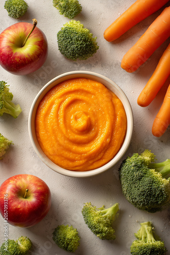 Healthy vegetable and apple puree on a light surface with fresh ingredients