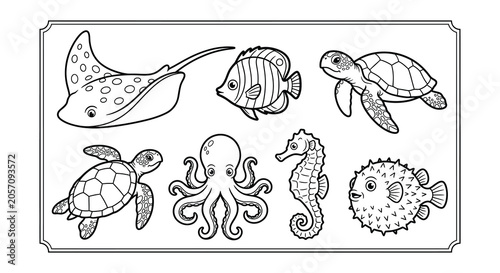 Bild auf Leinwand Manta Rays And Coral Reefs Black And White Vector Illustration
