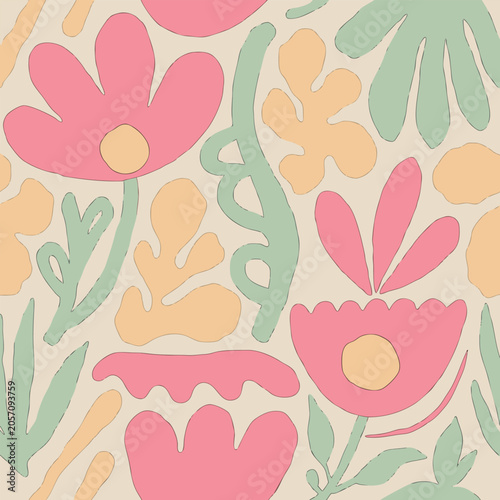 Hand drawn abstract floral and botanical seamless pattern collection with soft organic shapes in pastel pink, sage green, and beige, modern boho aesthetic