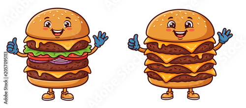Cheerful Cartoon Hamburgers Double and Triple Cheeseburger Characters with Thumbs Up Isolated on White
